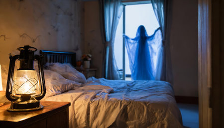 A haunting, blurred silhouette of a ghostly figure looms eerily at a dim bedroom window on a dark Halloween night, evoking spine-tingling fear and perfecting the essence of horror photography.の素材