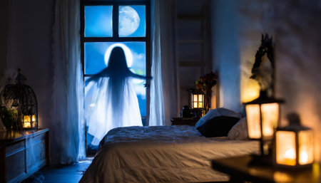 A haunting Halloween night scene featuring a blurred ghost silhouette in a dark bedroom window. The eerie image evokes fear, mystery, and the supernatural, creating the ultimate horrorの素材