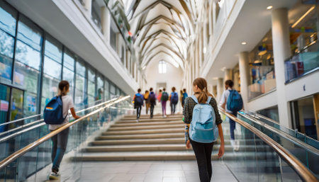 A blurred image capturing the lively movement of high school students ascending a staircase in a bustling school setting. This candid shot conveys the vibration and activity typical of a busy personの素材