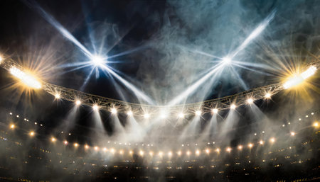 A captivating depiction of bright stadium arena lights piercing through dense smoke, creating a striking and dramatic atmosphere perfect for sports events, concerts, or large-scale performances.の素材