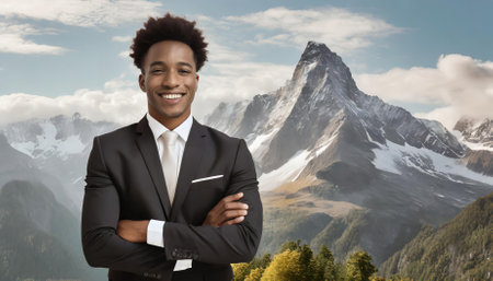A high-quality image of a confident Afro-American businessman in a tailored suit, isolated on a white transparent background. The professional pose conveys leadership, ambition, and corporateの素材