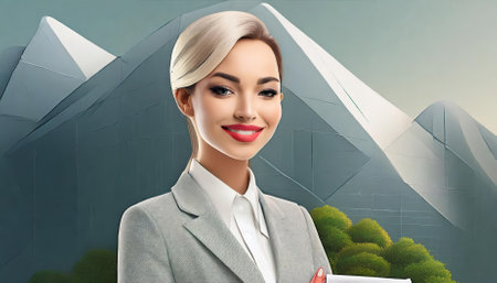 High-quality illustration of a professional businesswoman standing confidently, dressed in formal attire, isolated on a white background. Perfect for business presentations, marketing materials,の素材