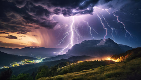 This mesmerizing photograph captures the intense energy of glowing lightning as it electrifies the night sky, casting a surreal glow that brings a unique charm and power to natures dramaticの素材