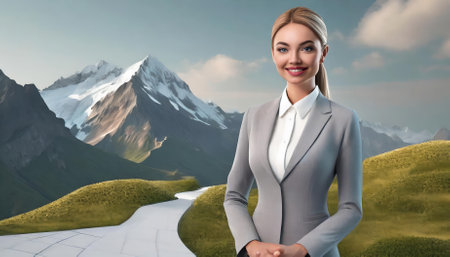 This vibrant and detailed illustration depicts a poised businesswoman isolated on a plain background, symbolizing confidence, professionalism, and leadership in modern corporate environments.の素材