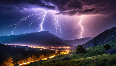 Experience the breathtaking beauty of nature's raw power as glowing lightning streaks across the darkened night sky, casting an enchanting glow and electrifying the atmosphere with a magical,の素材