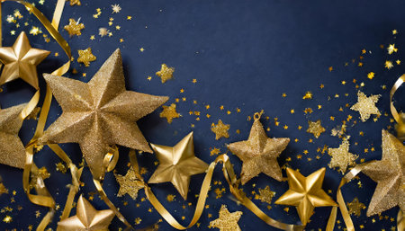 A sophisticated Christmas and New Year festive background featuring shimmering golden stars and luxurious gilded ribbons set against a deep navy blue backdrop. Perfect for enhancing holidaysの素材