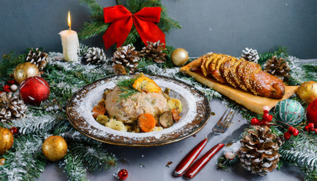 A heartwarming scene of a Christmas dinner table adorned with festive decorations, delicious traditional dishes, and seasonal delights, offering a cozy atmosphere for family and friends toの素材