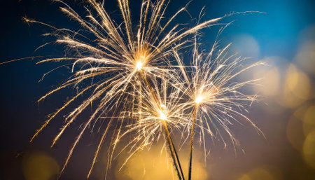 A breathtaking close-up of sparkling New Years Eve fireworks captured in intricate detail, glowing vividly against a seamless gradient backdrop that evokes celebration, joy, and holiday magic.の素材