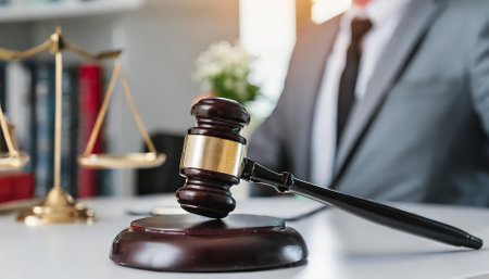A detailed close-up of a gavel resting on a judges desk, symbolizing the principles of justice, fairness, and legal decision-making in courtrooms, essential for maintaining law and societyの素材