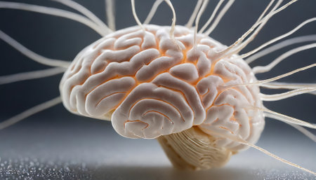 This close-up image of the human brain captures neurons firing and neural extensions in stunning detail, revealing the intricate web of connectivity that underpins thought, memory, and allの素材