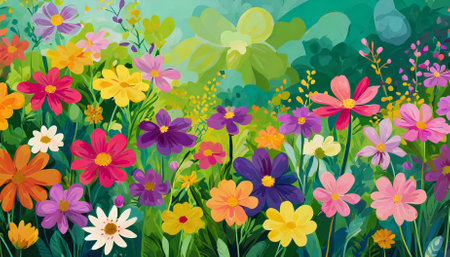 A captivating and colorful abstract flower meadow illustration, blending dynamic artistry, patterns intricately, and vivid hues. This imaginative depiction captures the essence of beauty in aの素材