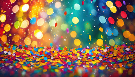 A dynamic and vibrant display of colorful confetti flying in front of a carnival-themed background with enchanting bokeh effects, showcasing an artistic celebration filled with festive energyの素材