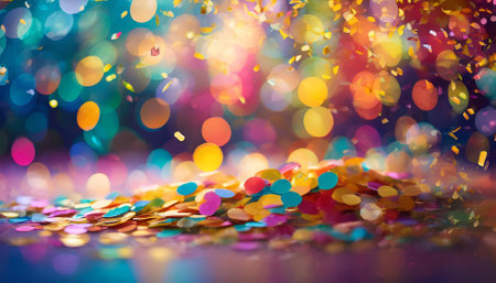 A lively scene showcasing colorful confetti cascading against a rich, bokeh-styled backdrop. This image captures the essence of carnival festivities, exuding joy, excitement, and a celebrationの素材