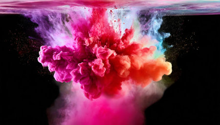A stunning depiction of pink and red rainbow smoke with paint explosion captured in vibrant motion. This artwork showcases the dynamic splash of liquid energy, creating a mesmerizing fusion ofの素材
