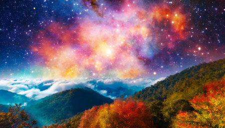 This stunning image showcases a colorful galaxy cloud nebula amidst a vibrant, starry cosmos. A celestial view of the vast universe, celebrating the magnificence of space, science, andの素材