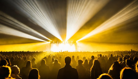 An evocative portrayal of concertgoers silhouetted in front of vibrant yellow stage lighting, embodying the electric atmosphere, dynamic energy, and visual artistry of a live music performance.の素材