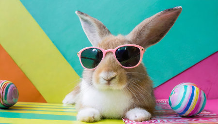 Whimsical illustration of a cool bunny rocking sleek sunglasses on a bold, vibrant background bursting with color. Ideal for quirky designs, creative projects, or modern art enthusiasts lookingの素材