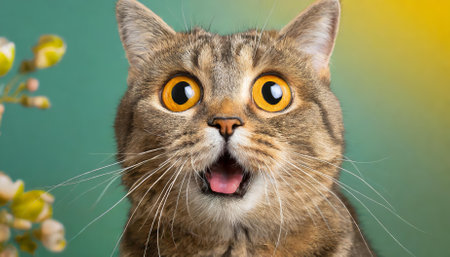 This captivating image showcases a comically surprised cat with wide, bulging eyes in a detailed close-up, set against a strikingly colorful background that enhances the felines dramaticの素材
