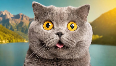 This captivating close-up showcases a crazy, surprised cat with wide, expressive eyes set against a vividly colored background, perfectly capturing the charm and humor of feline antics.の素材