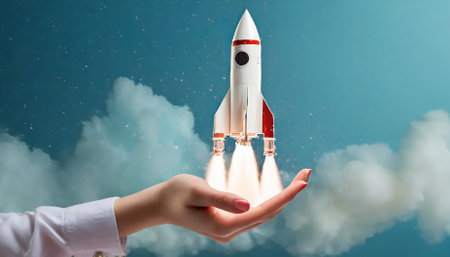 An inspiring visual of a space rocket emerging from a woman's hand, set against a soft blue, blurry backdrop, encapsulating the blend of human imagination, innovation, and the limitlessの素材