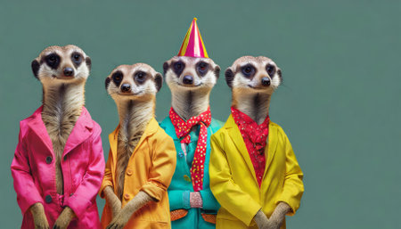 Immerse yourself in a lively, imaginative animal concept showcasing a group of meerkats styled in vibrant, trendy fashion. This striking image captures bold creativity and detailed visualの素材
