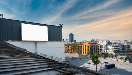 A striking outdoor blank billboard seamlessly integrated into an urban buildings exterior. Ideal for showcasing advertisements, branding mock-ups, or marketing visuals in public spaces.の素材