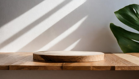 Showcasing an empty, minimal wooden table counter or podium surrounded by a green natural backdrop, highlighted by sunlight and soft shadows. Ideal for presentations, displays, or eco-friendlyの素材