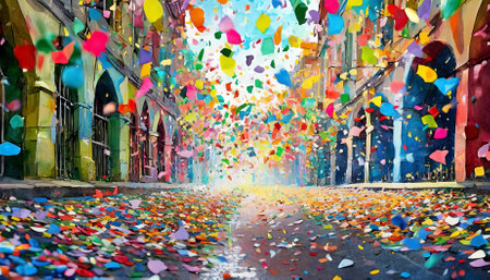 This dynamic illustration depicts a street adorned with colorful confetti, radiating joy and festivity. The artwork highlights vibrant colors and intricate details, encapsulating an atmosphereの素材