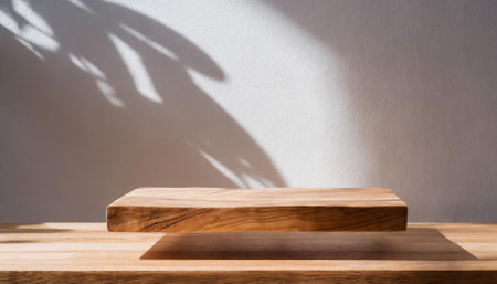 A minimalist wooden table counter or podium beautifully illuminated by warm sunlight and framed by gentle green hues and shadows, capturing a tranquil, natural vibe ideal for modern productの素材