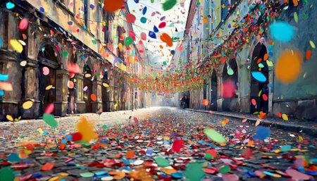 This art illustration showcases colorful confetti scattered on a lively street, blending urban vibrancy with festive charm. A perfect fusion of creativity and celebration that reflects dynamicの素材