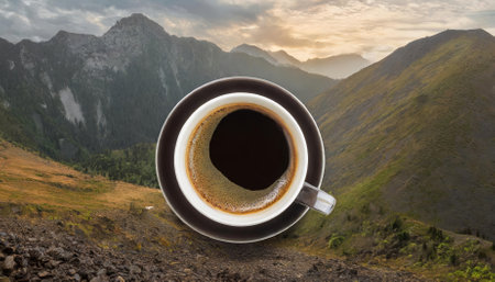 A beautifully isolated coffee cup on a pristine white background, showcasing a simple yet elegant mug filled with freshly brewed hot black coffee, ideal for branding, advertising, and lifestyleの素材
