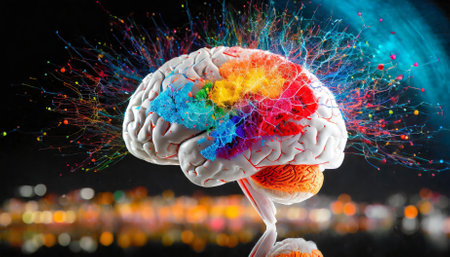 This image captures the essence of human creativity, portraying a vibrant brain in motion, radiating multiple hues and dynamic actions that emphasize the limitless possibilities of imaginativeの素材