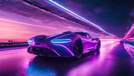 An awe-inspiring futuristic synth-wave car cruising through a neon-lit night, showcasing a blend of retro-futuristic design, vibrant purple hues, and cyberpunk vibes, evoking a sense ofの素材