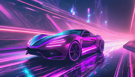 Experience a vivid synth-wave scene of night driving featuring a futuristic car glowing under purple neon lights, evoking a cyberpunk vibe. A perfect blend of retro futurism and neon-lit digitalの素材