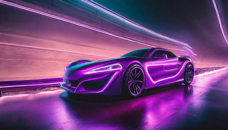 Experience a captivating night drive featuring a sleek futuristic car glowing in radiant purple neon hues, set against a backdrop of synth-wave cityscapes with retro aesthetics and vibrantの素材
