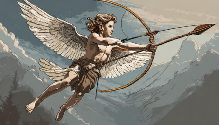 A charming vintage illustration featuring Cupid gracefully flying overhead, poised to shoot his arrow of love. This timeless artwork, isolated on a transparent background, evokes romanticの素材