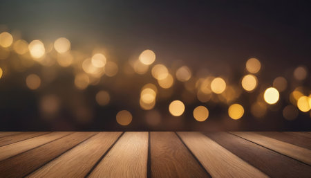 This image features an empty brown wooden floor or wood board table set against a blurred abstract night light bokeh background, ideal for showcasing products, adding charm to presentations, orの素材