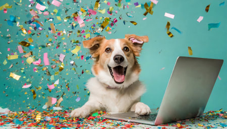 An ecstatic, happy dog sits eagerly next to a laptop while colorful confetti poppers cascade against a bright pastel turquoise backdrop, radiating pure joy, energy, and festive celebration.の素材