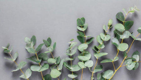 A top-view mockup image featuring delicate eucalyptus branches gracefully set against a pastel gray backdrop. With clean, expansive copy space, this photo is ideal for modern design, marketing,の素材