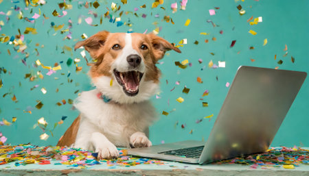 A delighted, cheerful dog sits next to a laptop amidst vibrant confetti poppers falling against a pastel turquoise backdrop, creating a jubilant and lighthearted atmosphere perfect forの素材