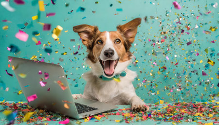 An adorable, excited dog sits with a laptop amidst colorful confetti poppers falling on a pastel turquoise background. This lively, cheerful scene evokes energy, happiness, and festiveの素材