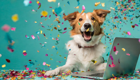 A cheerful dog enthusiastically celebrates with a laptop and vibrant confetti poppers cascading against a pastel turquoise backdrop, exuding happiness, playfulness, and a festive, tech-savvyの素材