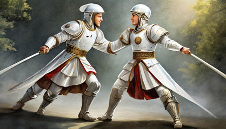 Experience the clash of two Roman soldiers brought to life in vivid digital art, showcasing historical authenticity, dynamic action, intricately armor designs, and an epic portrayal of Ancientの素材