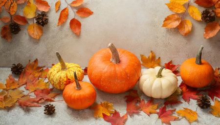 Autumn-themed background showcasing orange pumpkins, colorful fall leaves, and seasonal details placed on a light, neutral surface, perfect for seasonal promotions, designs, and festive projects.の素材