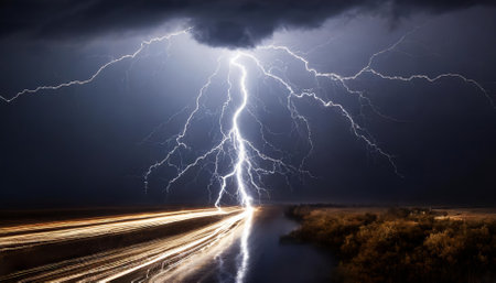 This striking image captures a vivid lightning bolt piercing through a pitch-black night sky, emphasizing the intensity of nature's storms and the dramatic interplay of light and darkness in aの素材