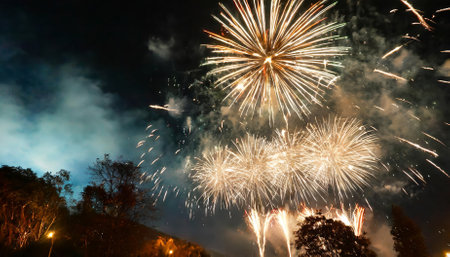 A mesmerizing firework explosion captured during the National Firework Show to ring in Happy New Year. The vibrant colors light up the night sky, symbolizing hope, joy, and a celebratory startの素材