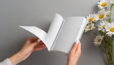 High-resolution mockup featuring female hands gracefully holding a blank magazine against a clean gray background. Ideal for showcasing designs, branding projects, and creative marketingの素材