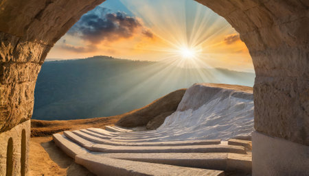 Captivating image of the empty tomb of Jesus Christ at sunrise, vividly portraying the miraculous resurrection, a cornerstone of Christian faith, symbolizing triumph over death and the promiseの素材