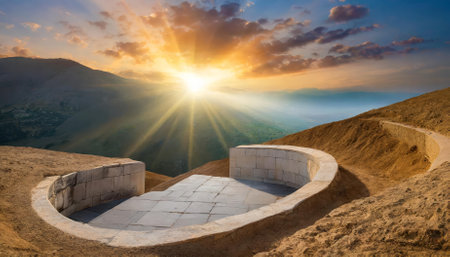A breathtaking image of the empty tomb of Jesus Christ bathed in sunrise light, representing resurrection and eternal hope. This powerful scene portrays faith, redemption, and the triumph ofの素材