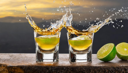 A captivating image featuring two tequila glasses clinking in a lively toast, with an energetic splash frozen mid-air. This isolated shot on a transparent or white background evokes celebrationの素材